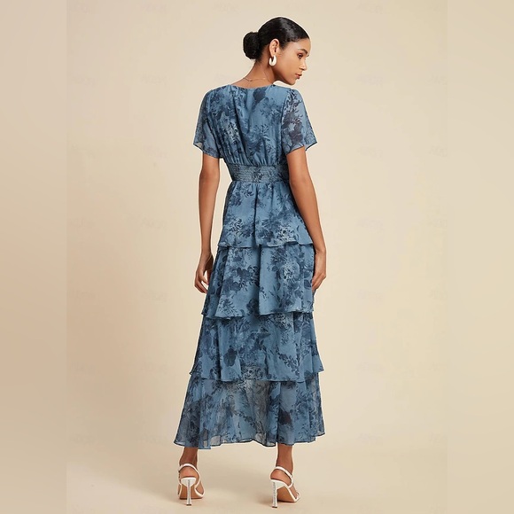 NWT 💙 ADOR Navy Floral Chiffon Elastic Waist Dress #15814645 Size Large - Picture 4 of 15